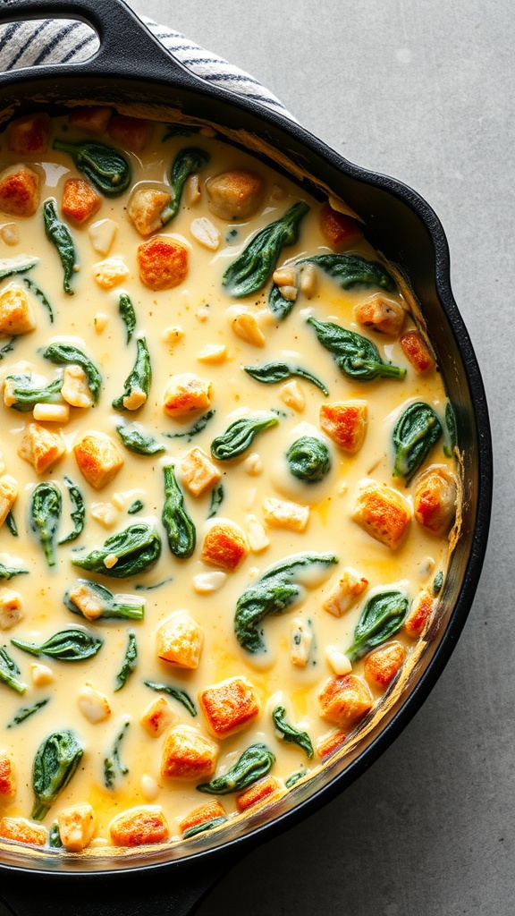 A creamy spinach and artichoke bake in a skillet, featuring spinach, artichokes, and golden bread cubes.