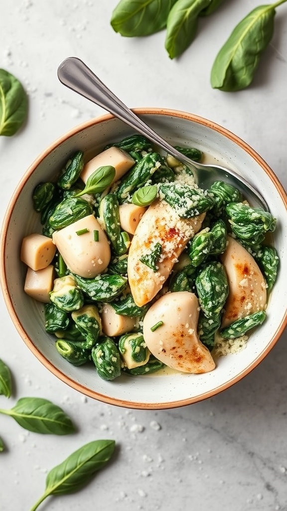 A bowl of creamy spinach and artichoke chicken with cheese and greens.