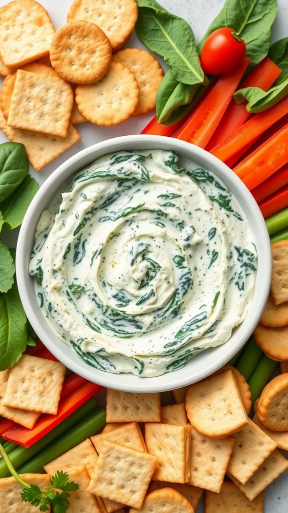 Creamy spinach and artichoke dip surrounded by crackers and vegetables.