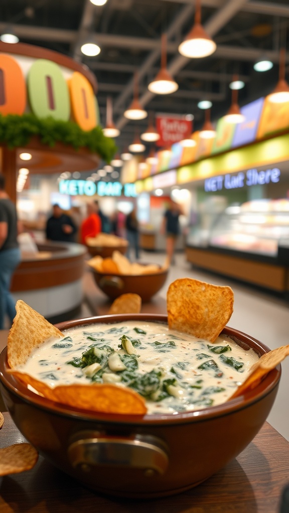 A bowl of creamy spinach and artichoke dip with chips around it in a mall food court.