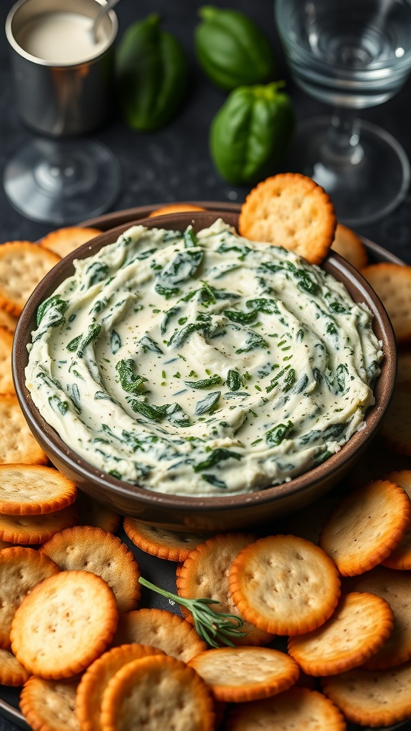 A bowl of creamy spinach and artichoke dip surrounded by crackers.