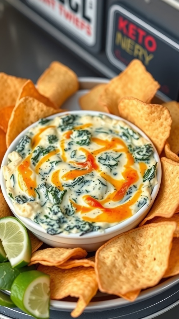 A bowl of creamy spinach and artichoke dip surrounded by crispy chips and lime slices.