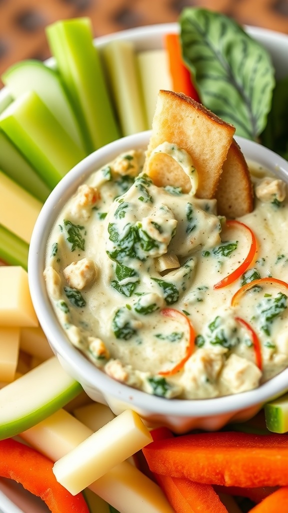 A bowl of creamy spinach and artichoke dip surrounded by fresh spinach leaves and carrot sticks.