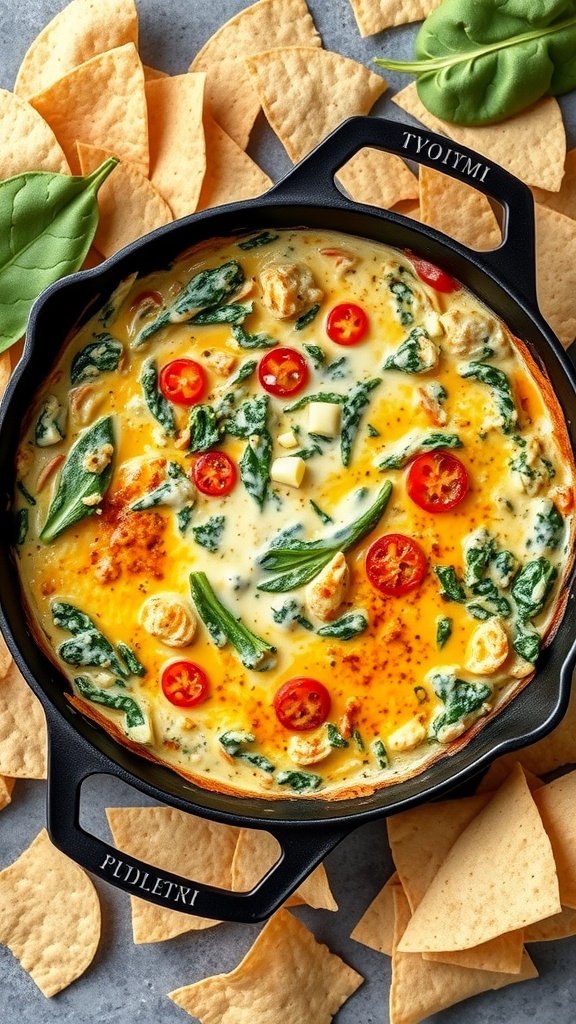 Creamy spinach and artichoke dip in a skillet surrounded by tortilla chips