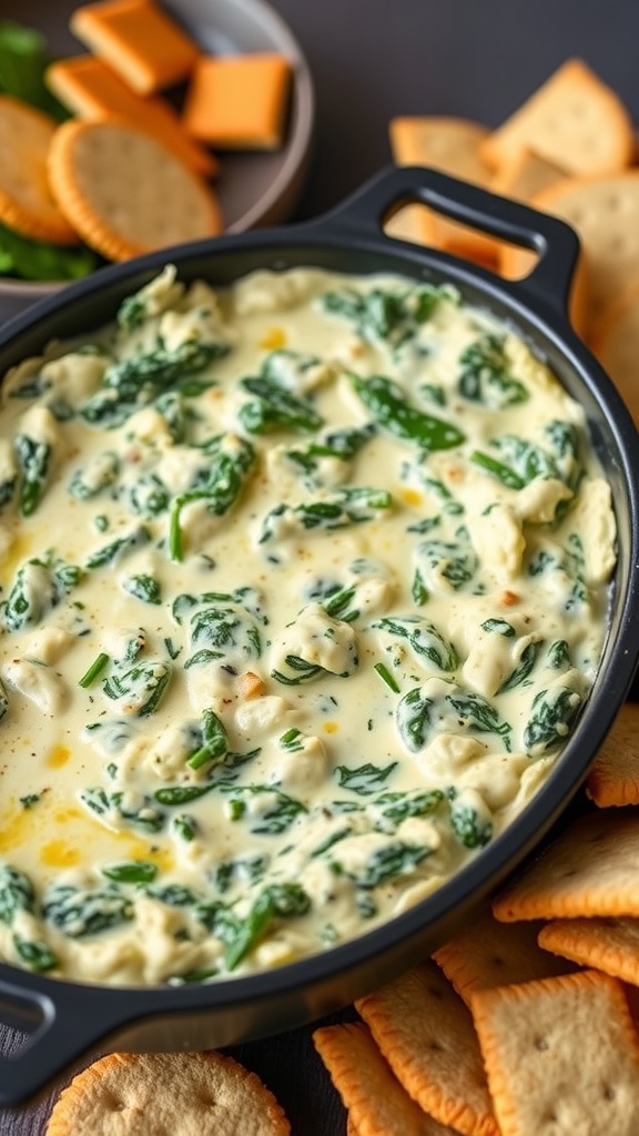 A bowl of creamy spinach and artichoke dip surrounded by crackers.