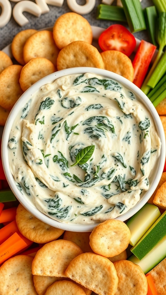 A bowl of creamy spinach and artichoke dip surrounded by crackers and fresh vegetables.