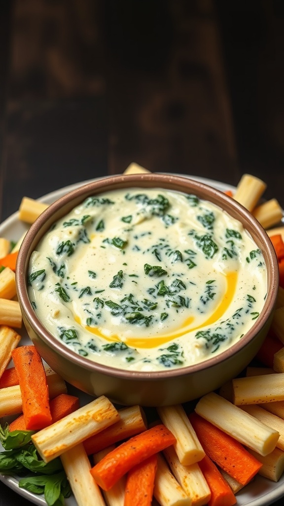 A creamy spinach and artichoke dip in a bowl surrounded by carrot and parsnip sticks.