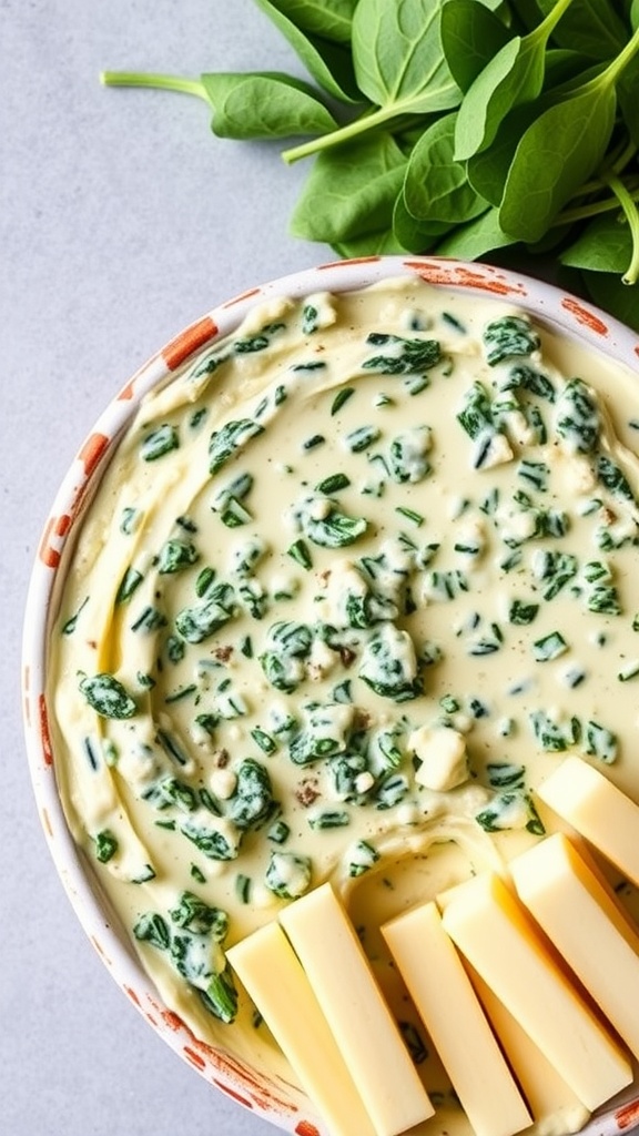 Creamy spinach and artichoke dip with cheese sticks on the side