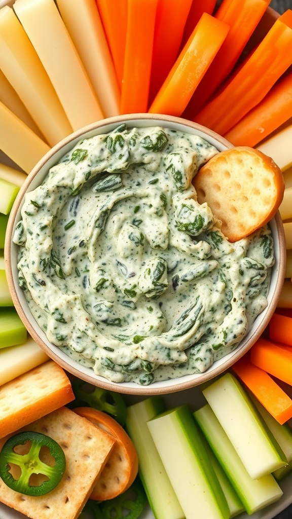 A bowl of creamy spinach and artichoke dip surrounded by colorful vegetable sticks.