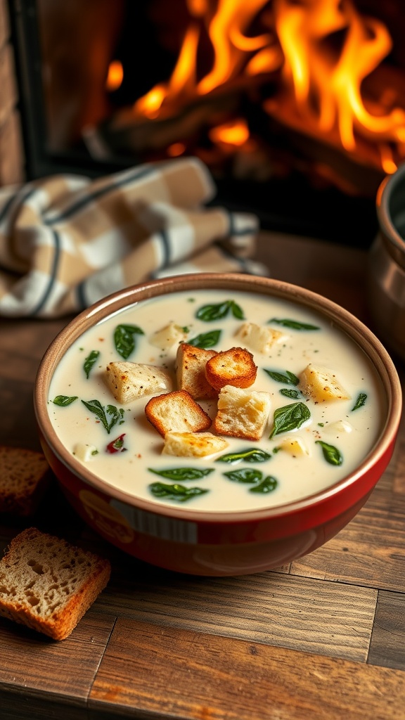 A bowl of creamy spinach and artichoke soup topped with croutons, with a warm fire in the background.