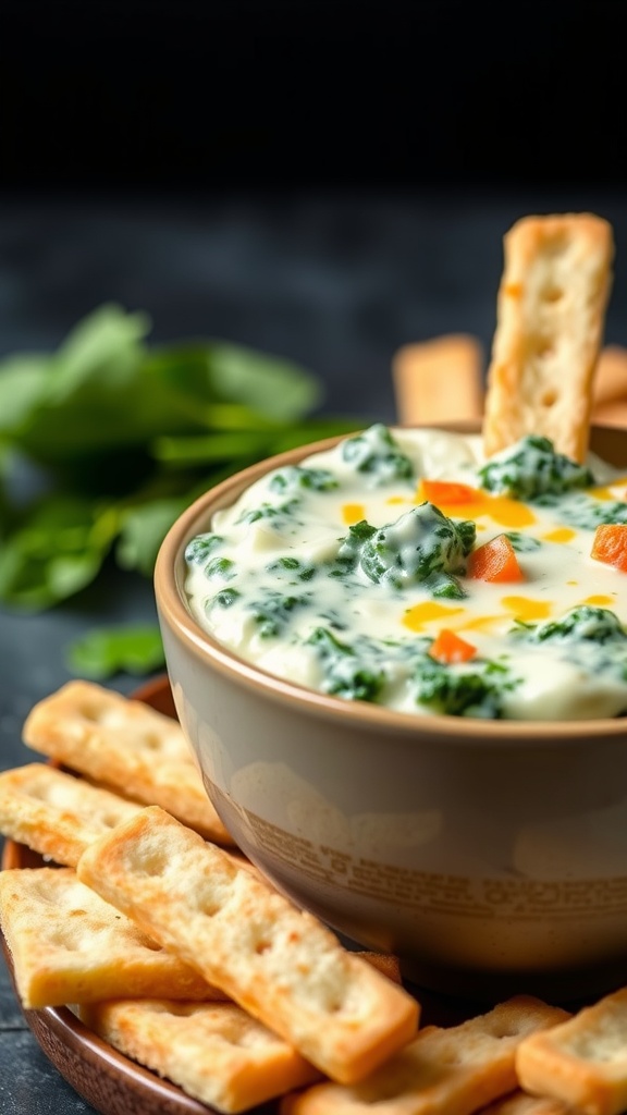 A bowl of creamy spinach and cheese dip surrounded by crispy crackers, showcasing a delicious keto breakfast option.