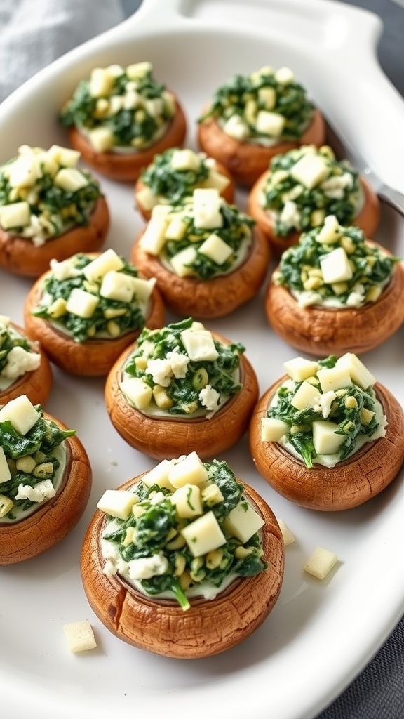 Delicious creamy spinach and feta stuffed mushrooms on a platter.