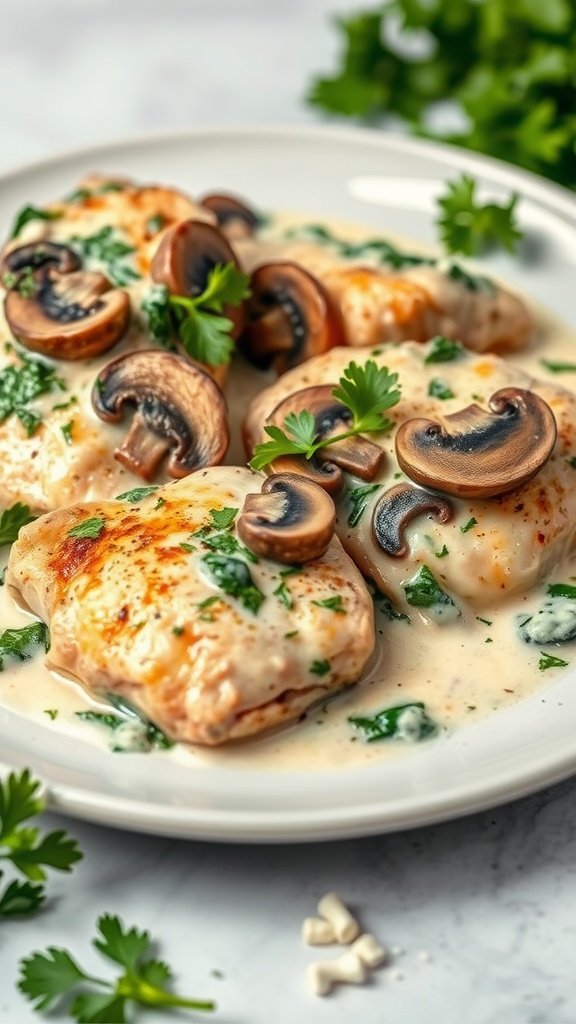 Creamy spinach and mushroom chicken on a plate