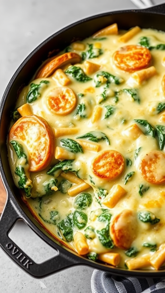 A close-up of a creamy spinach artichoke casserole with spinach, artichokes, and melted cheese.