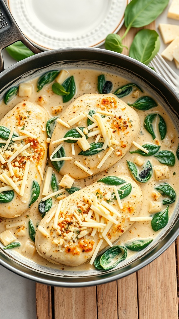 Creamy spinach artichoke chicken in a skillet with spinach and cheese on top.