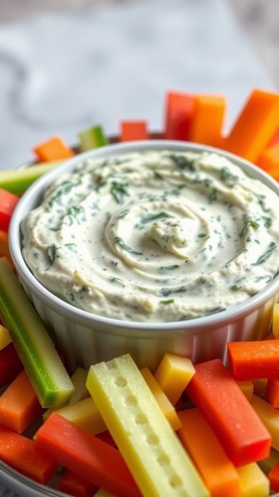 Creamy spinach artichoke dip surrounded by colorful vegetable sticks
