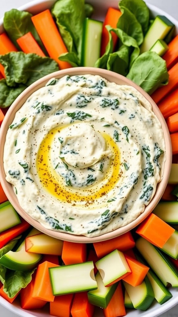 A bowl of creamy spinach artichoke dip surrounded by colorful sliced vegetables.