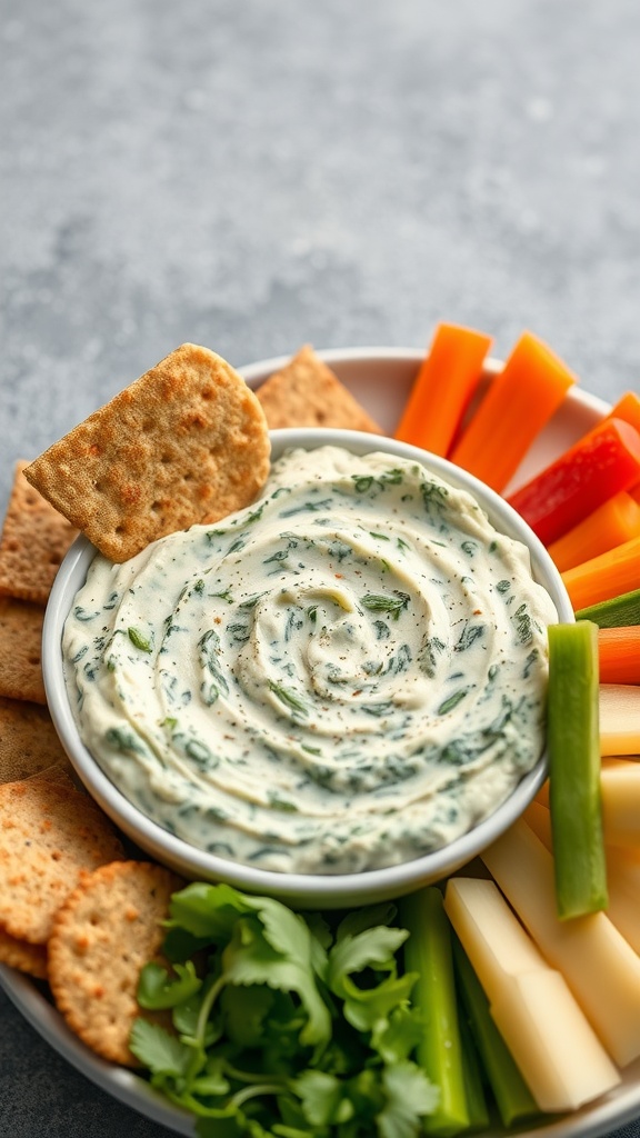 Bowl of creamy spinach artichoke dip surrounded by crackers and fresh vegetables