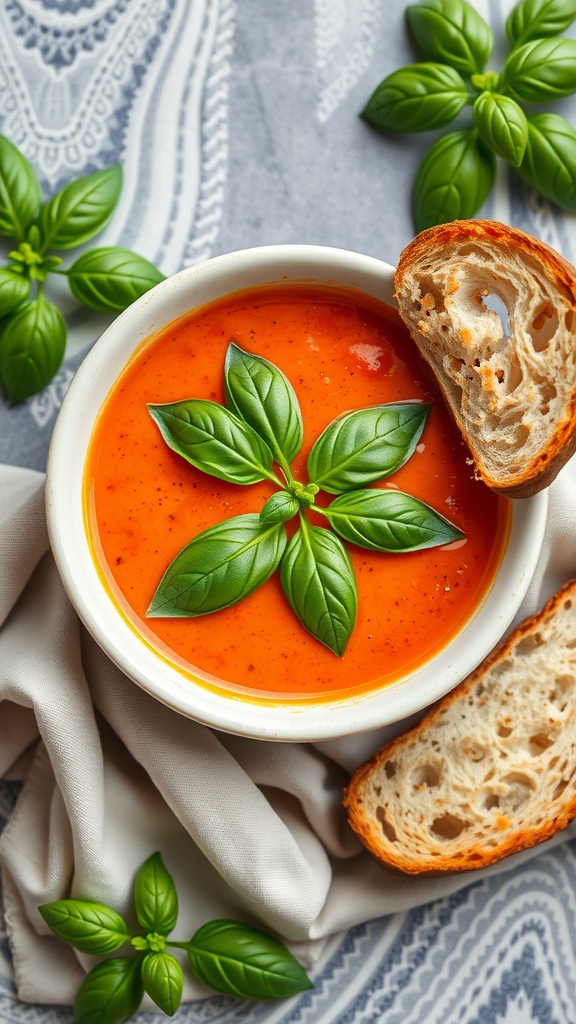 A bowl of creamy tomato basil soup garnished with basil leaves and a slice of bread.