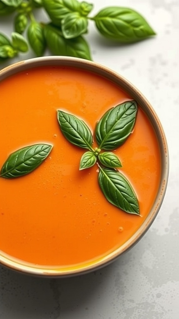 A bowl of creamy tomato basil soup garnished with fresh basil leaves.