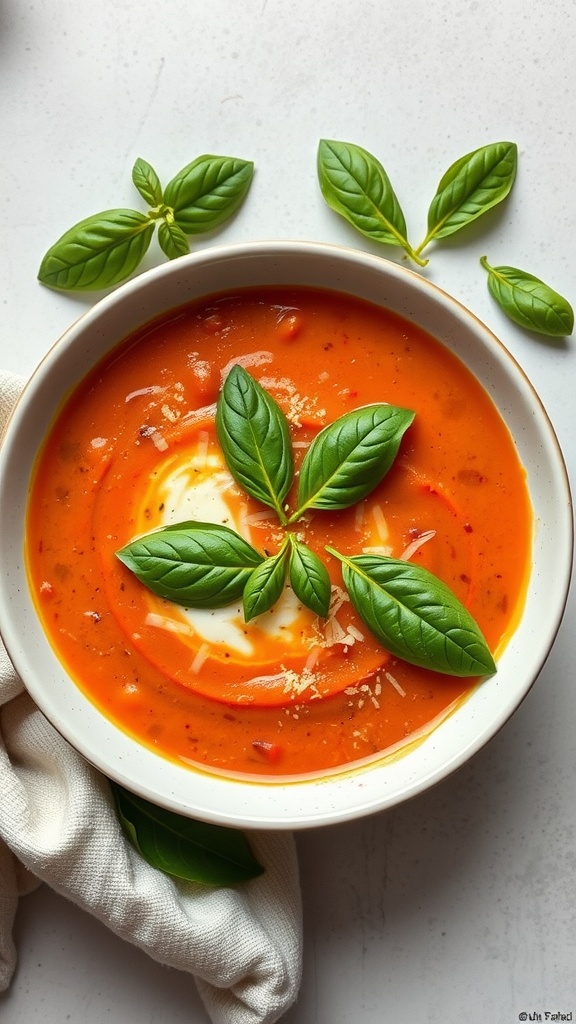 Bowl of creamy tomato basil soup garnished with fresh basil and cheese.