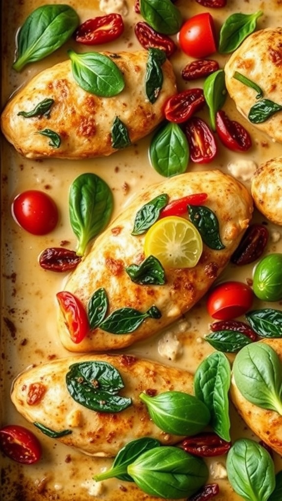 Creamy Tuscan chicken with spinach, tomatoes, and lemon slices on a sheet pan.