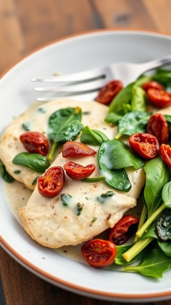 Plate of creamy Tuscan chicken with spinach and sun-dried tomatoes