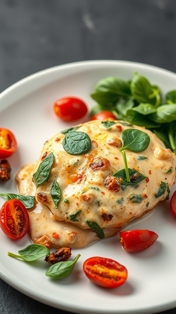 A plate of creamy Tuscan chicken garnished with spinach and cherry tomatoes.