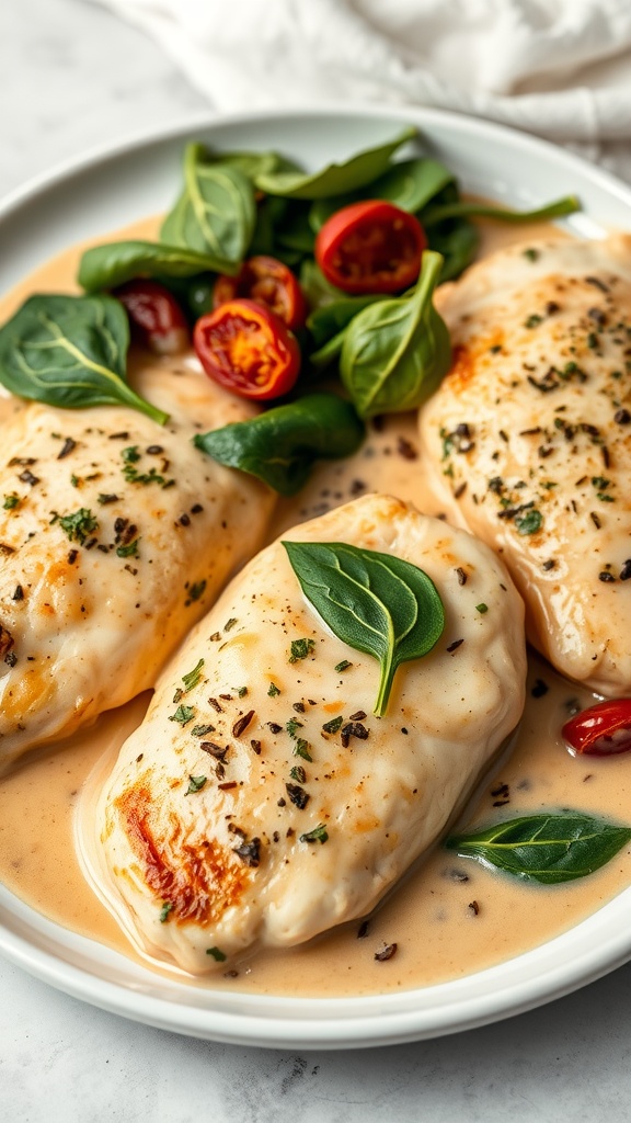 A pan of creamy Tuscan garlic chicken with spinach and tomatoes.