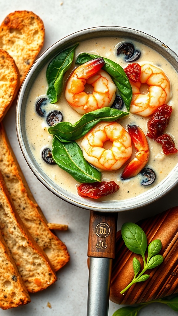 A bowl of Creamy Tuscan Garlic Shrimp with spinach and sun-dried tomatoes, alongside slices of toasted bread.