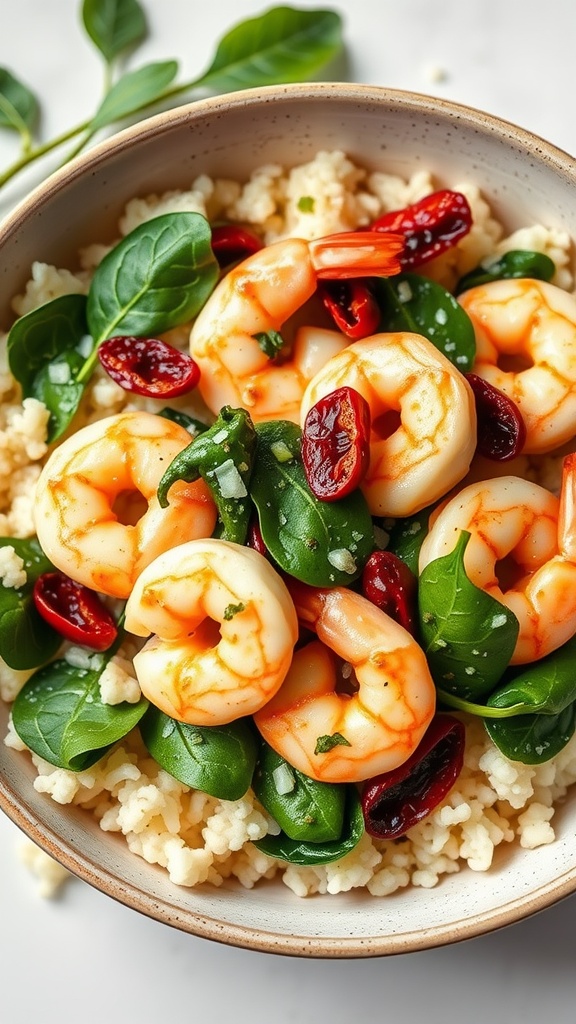 A bowl of creamy Tuscan garlic shrimp with spinach, sun-dried tomatoes, and a side of couscous.