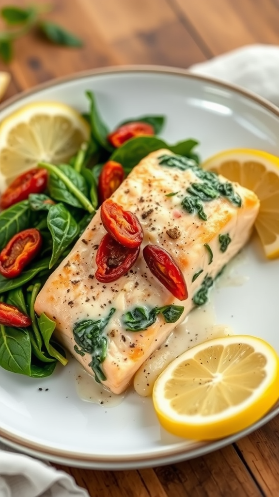 A plate of creamy Tuscan salmon with spinach, sun-dried tomatoes, and lemon slices.