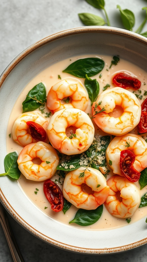 A bowl of creamy Tuscan shrimp with spinach and sun-dried tomatoes.