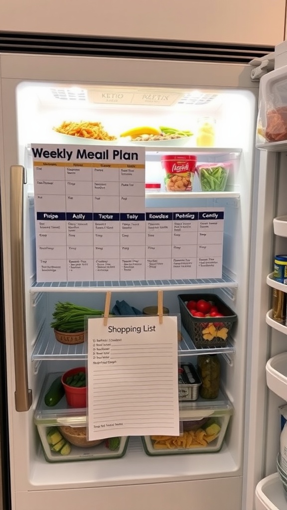 A fridge with a weekly meal plan and a shopping list hanging.