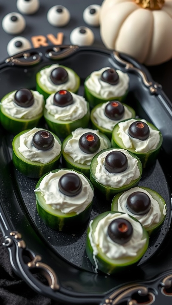 A tray of cucumber slices topped with cream cheese and black olives, resembling eyeballs, set against a dark background with Halloween decorations.