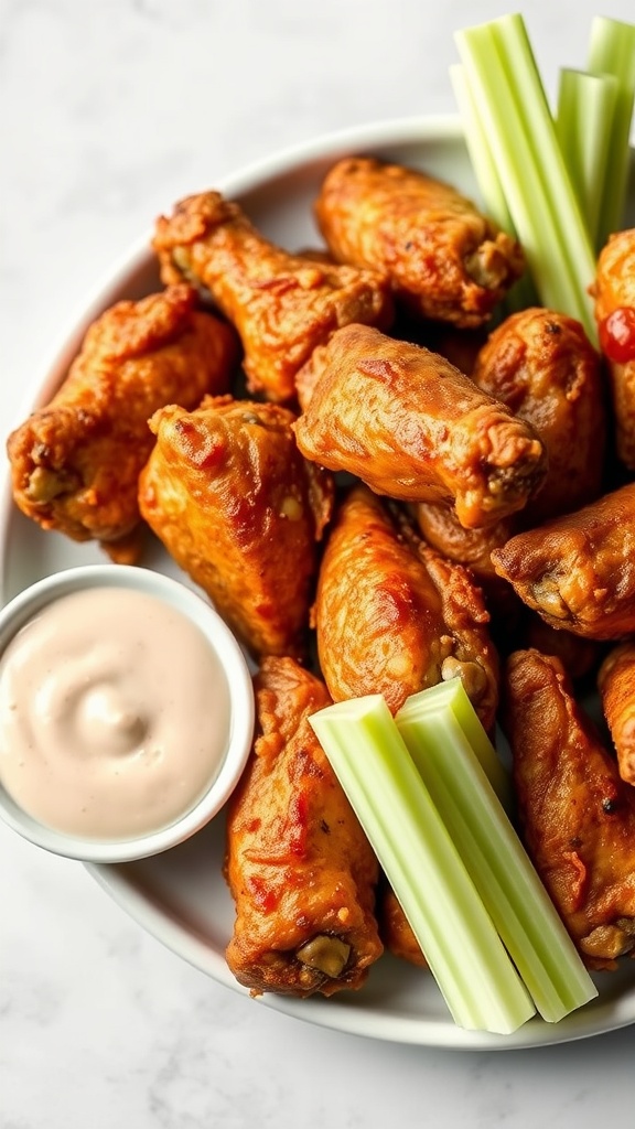 A plate of crispy chicken wings served with celery sticks and dipping sauce.