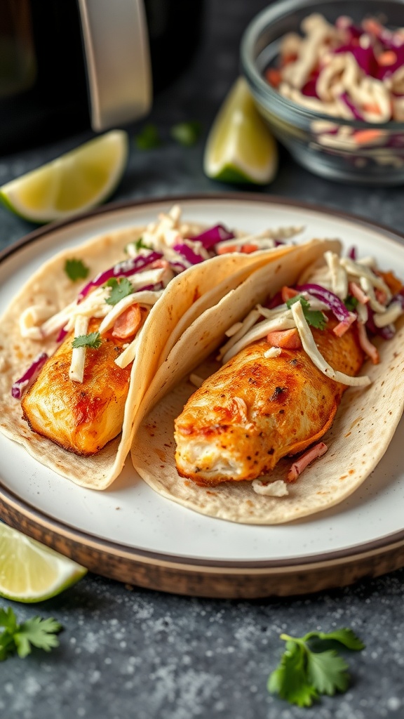 Crispy air fryer fish tacos served with lime and slaw