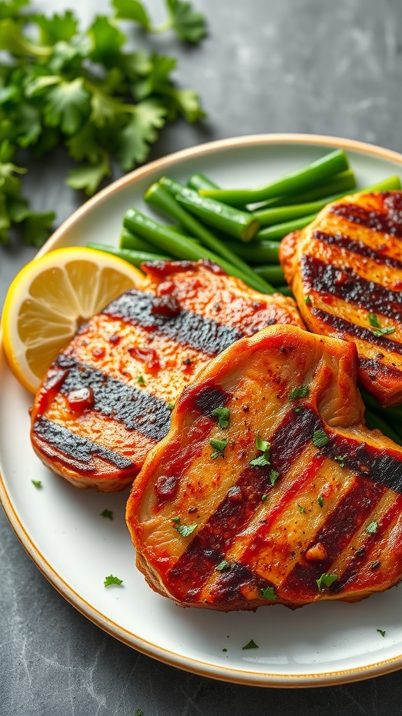 Crispy air fryer pork chops on a plate with green beans and lemon slices.