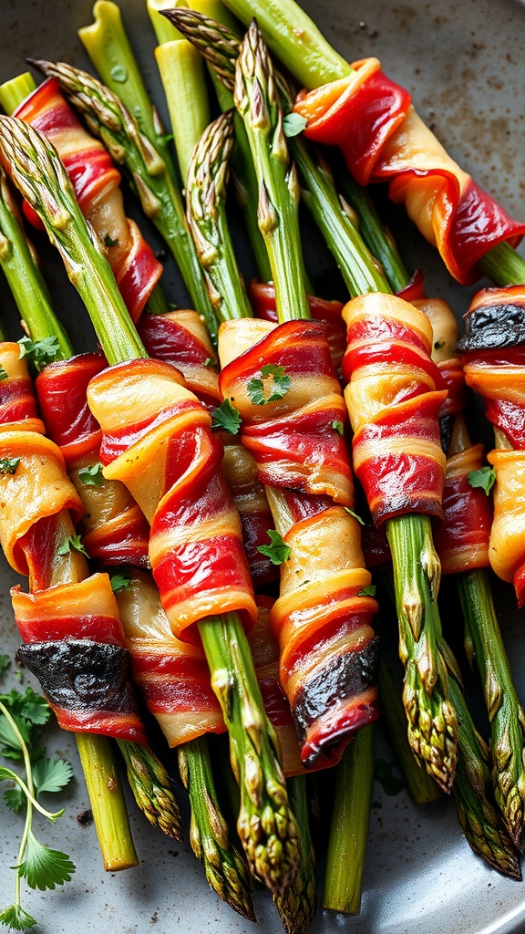 Crispy bacon-wrapped asparagus spears arranged on a plate.