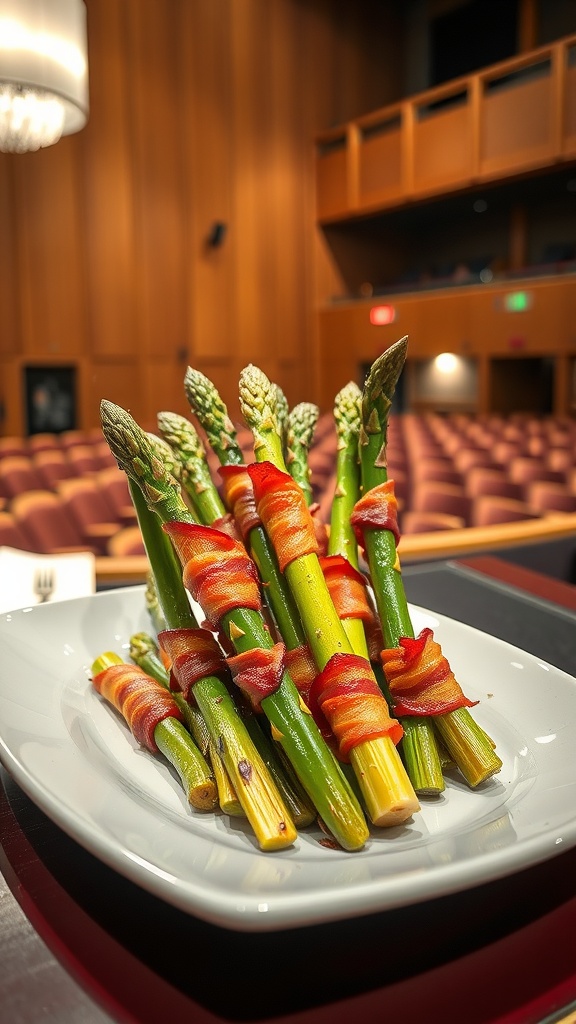 A plate of crispy bacon-wrapped asparagus in a theater setting.