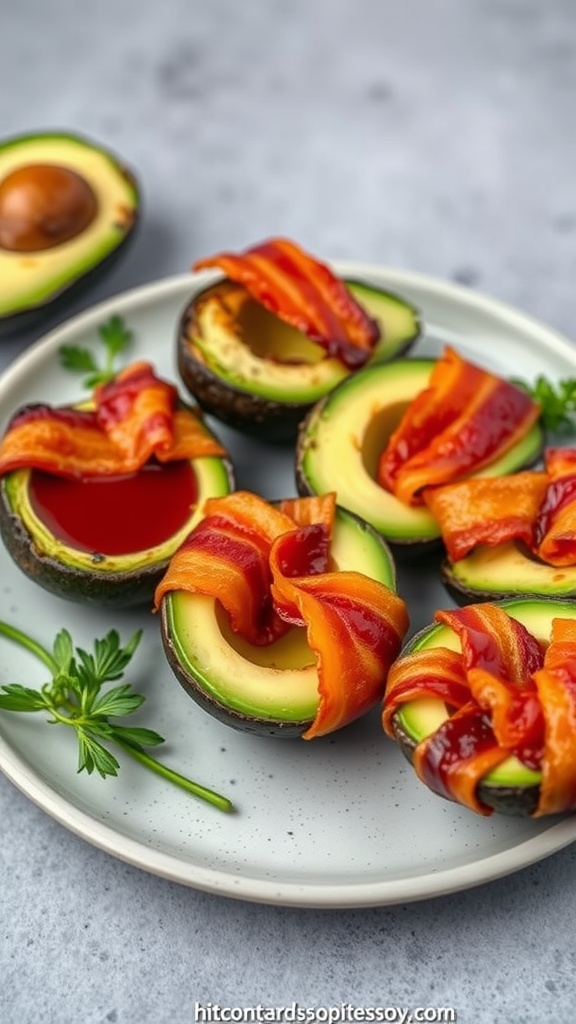 A plate of crispy bacon-wrapped avocado slices, showcasing the blend of green avocado and golden bacon.