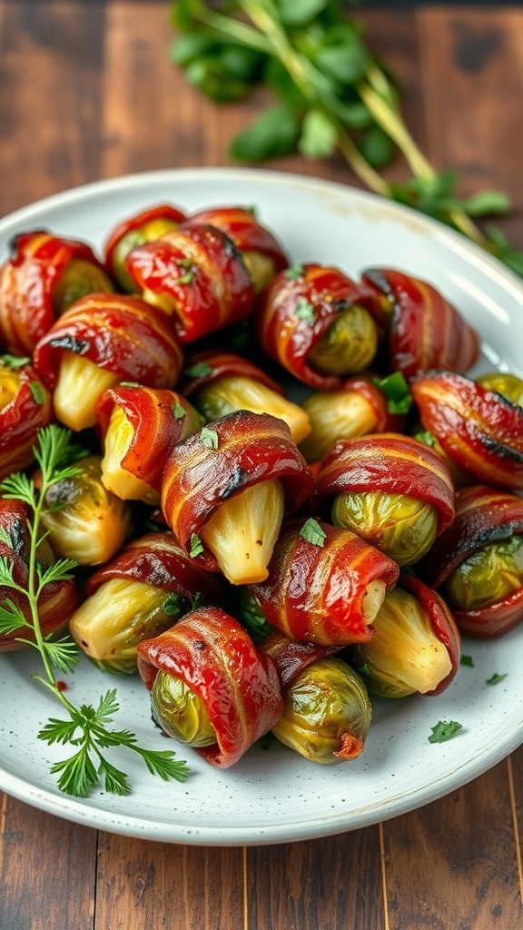 A plate of crispy bacon-wrapped Brussels sprouts garnished with herbs.