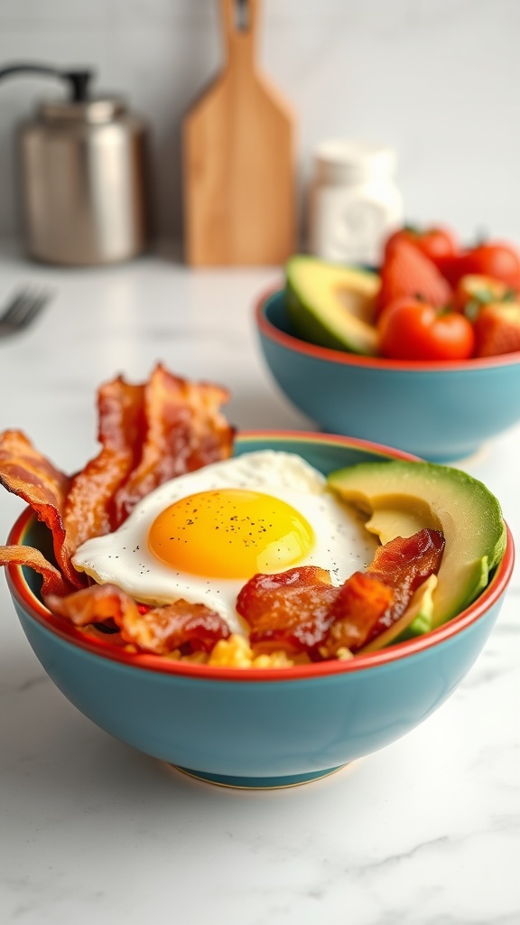 A colorful bowl filled with crispy bacon, a sunny-side-up egg, and slices of avocado, alongside a bowl of fresh strawberries and tomatoes.