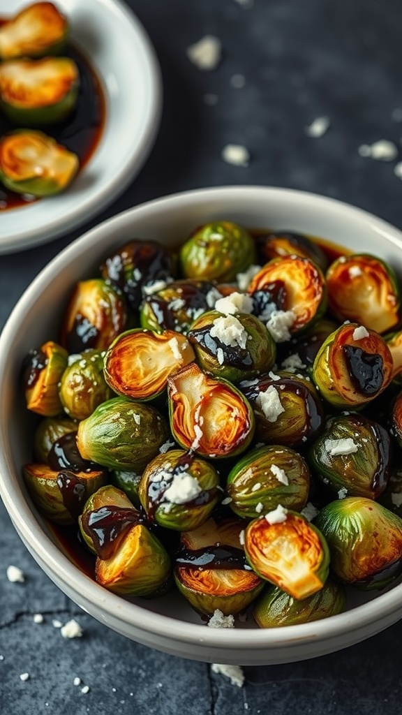 A bowl of crispy Brussels sprouts drizzled with balsamic glaze and topped with feta cheese.