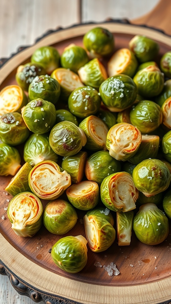 A wooden plate filled with crispy Brussels sprouts, showcasing their golden-brown edges and bright green centers.