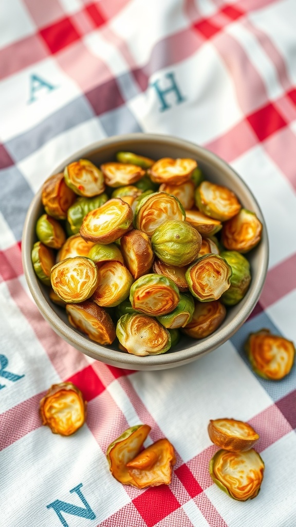 A bowl of crispy Brussels sprouts chips on a checkered tablecloth