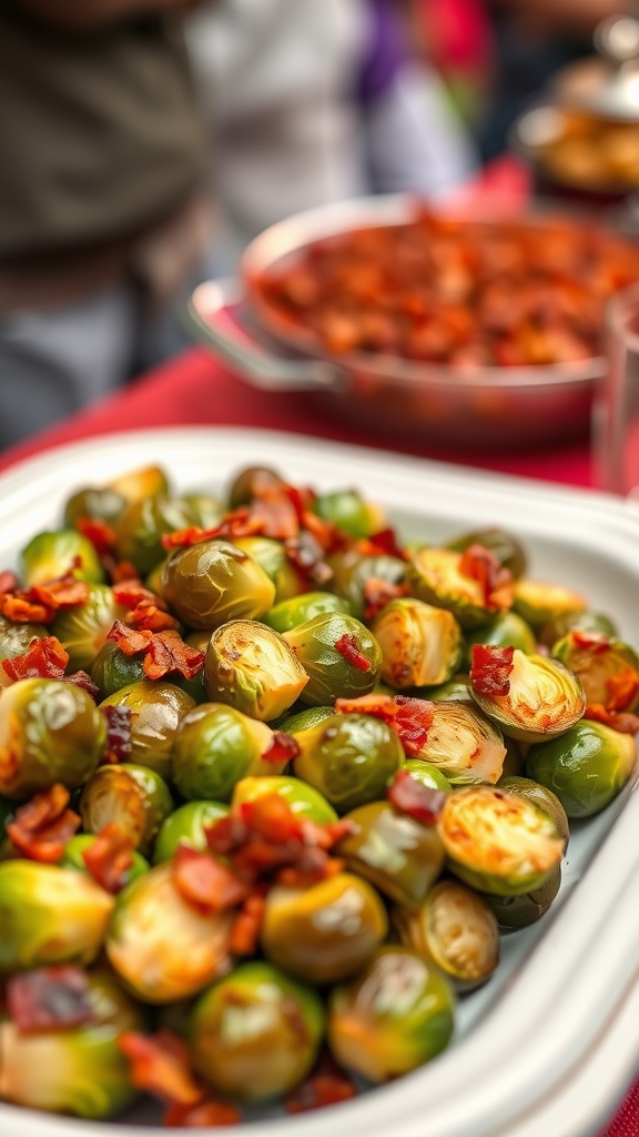 A plate of crispy Brussels sprouts with bacon, garnished and ready to eat.