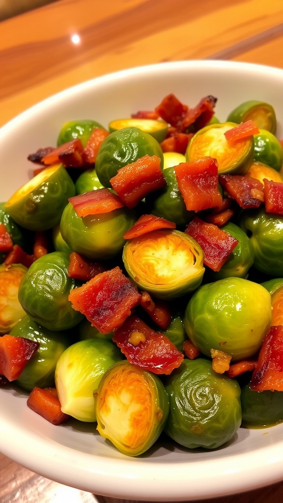 A bowl of crispy Brussels sprouts topped with bacon.