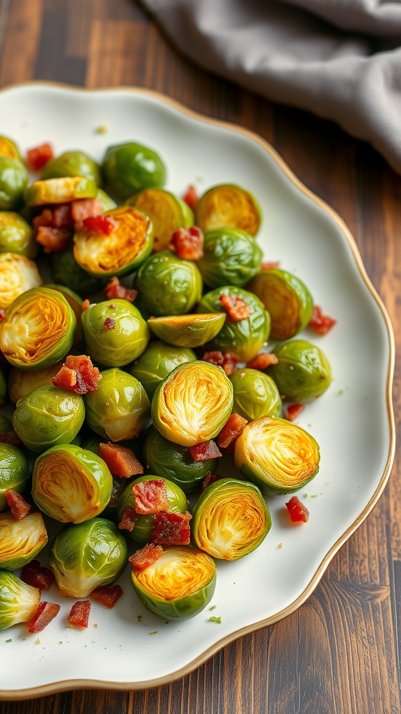 A plate of crispy Brussels sprouts with bacon pieces.