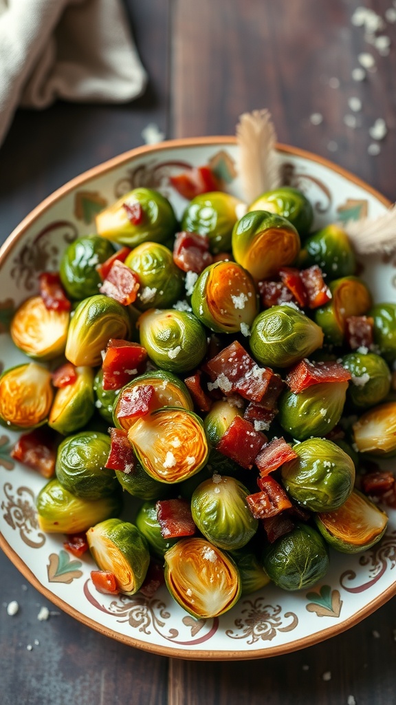 A plate of crispy Brussels sprouts with bacon bits sprinkled on top.